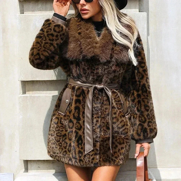 Coffee Brown Casual Women's Long Sleeve Fluffy Leopard Print Button Coat - Picture 5 of 8